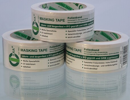 Masking Tape PVC Klebeschutzband beständig gegen Säure und Laugen, kältefest MIT IFO – Prüfung und GRM – Zulassung, Beständig gegen Säure und Laugen. Kältefestes PVC Klebeschutzband mit vernetztem Hochleistungskautschukkleber für den Außen- und Innenbereich, UV-beständig.